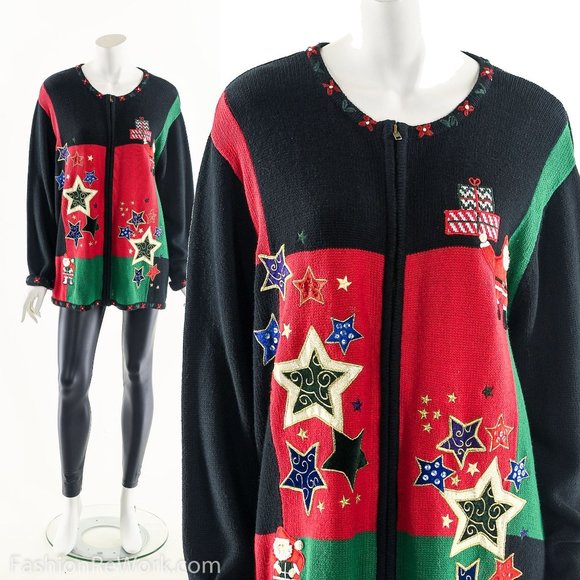 Ugly Christmas Sweater,Metallic Star Sweater,Tacky Christmas Sweatshirt,Festive - Picture 2 of 8